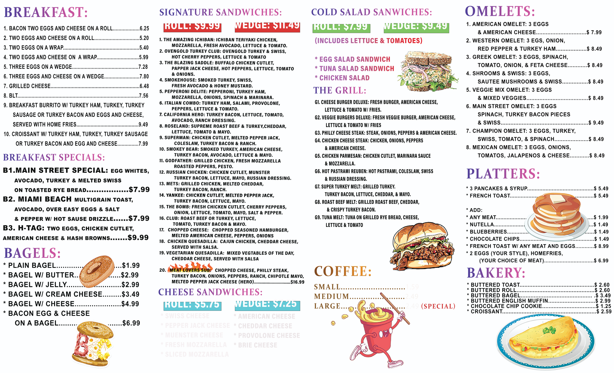 Central Deli menu showing breakfast, sandwiches, bagels, omelets, platters, coffee, and bakery sections with illustrated food items