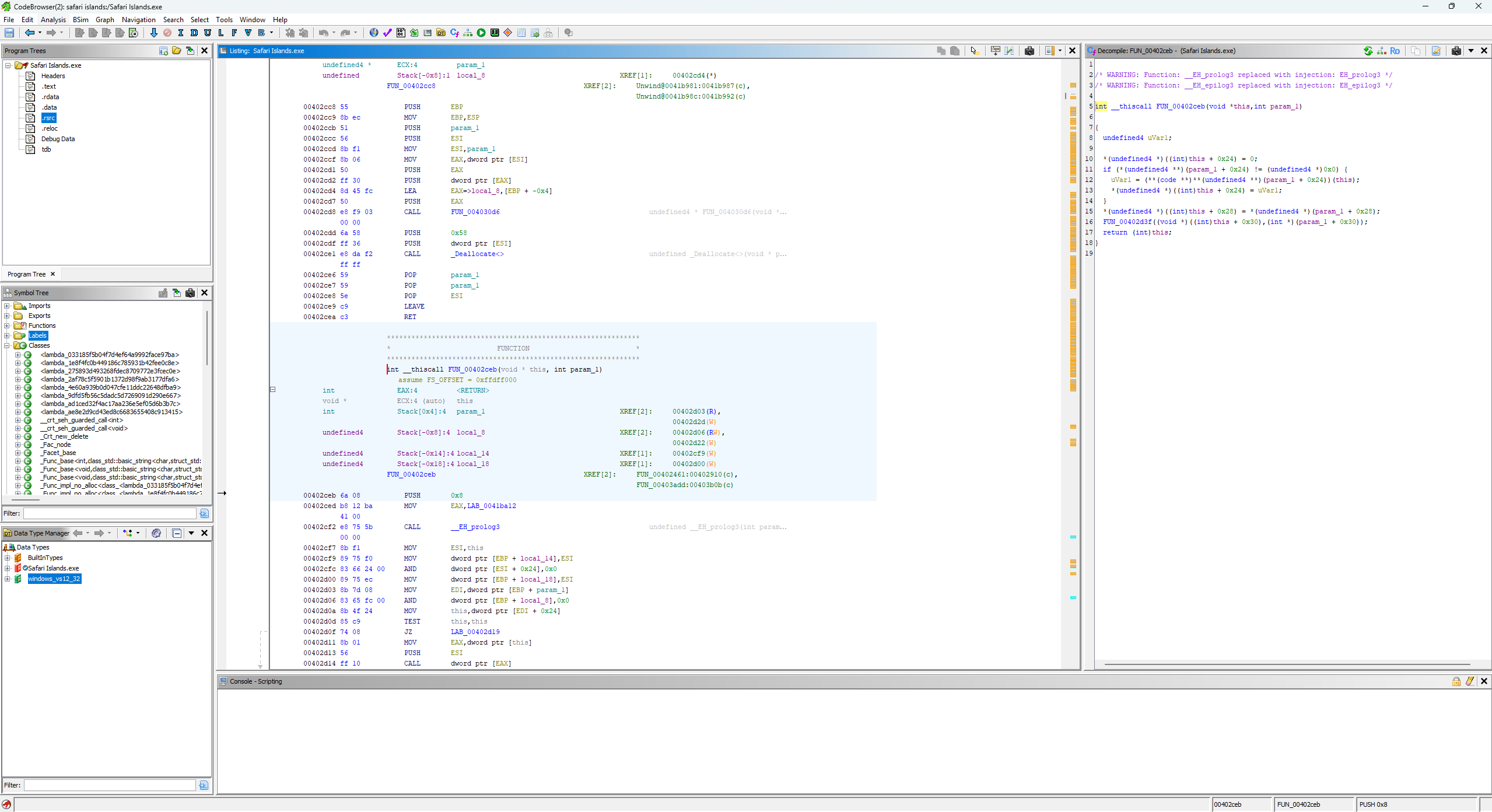 Ghidra disassembly of the Flash MMO native DLL