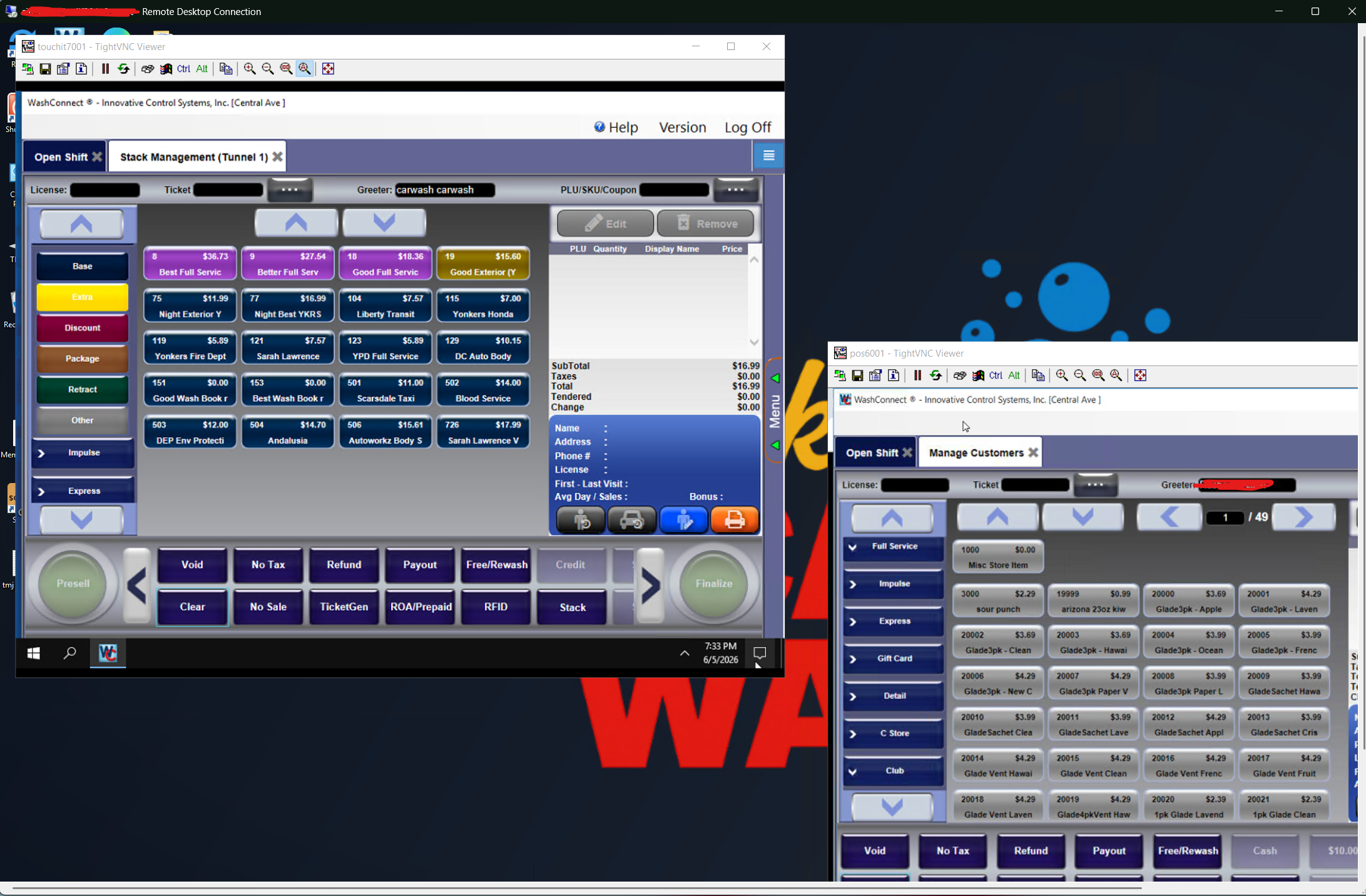 WashConnect car wash POS and customer management screens over a remote desktop session